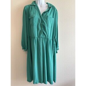 Vintage Andrea Gayle Petites Teal‎ Green Button Front Midi Dress 14P Secretary